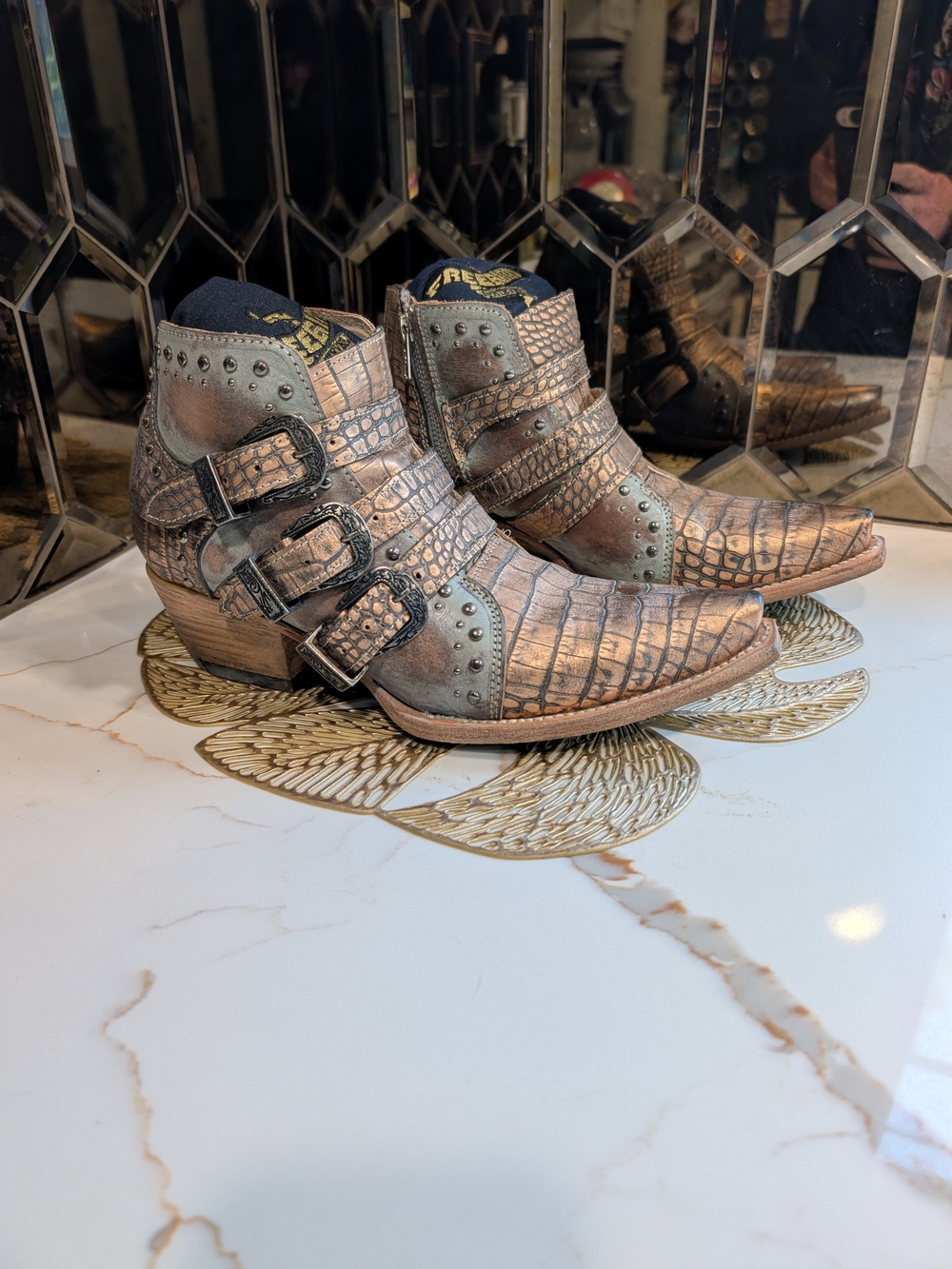 Freebird Wilhelmina Croc-Embossed Triple Buckle Ankle Boots in Blush leather